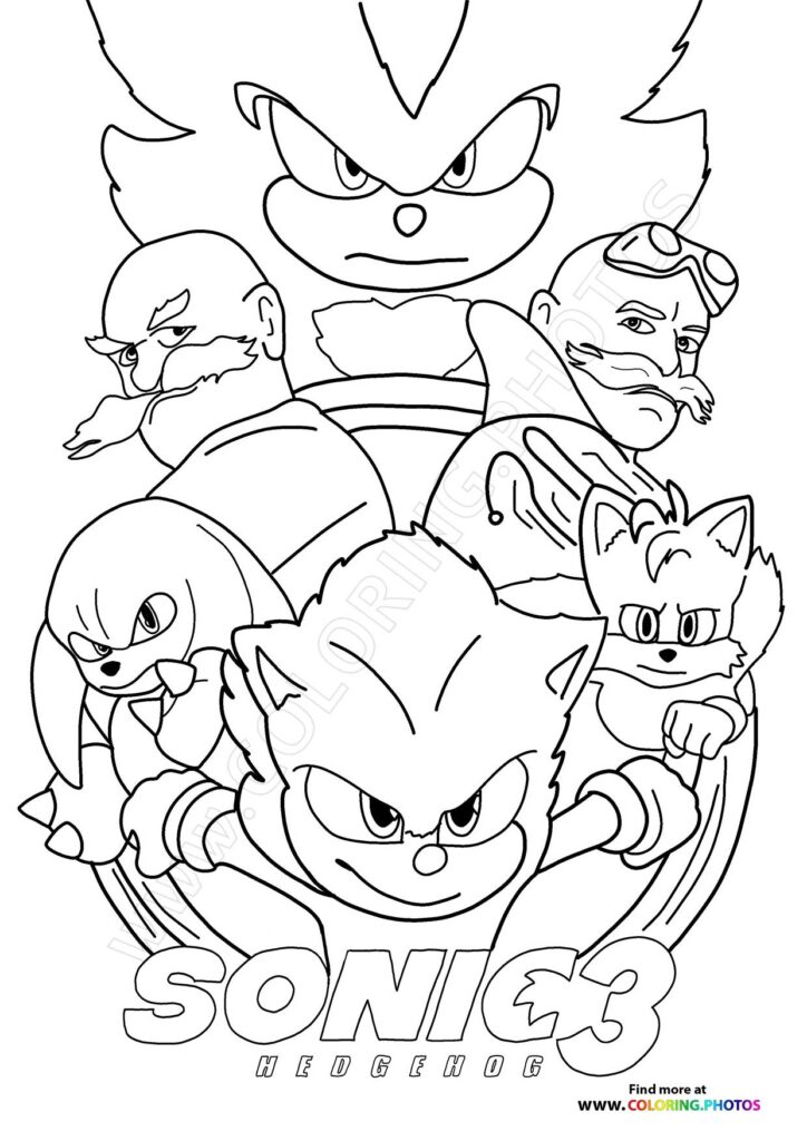 Sonic, Shadow, Knuckles, Tails, Amy, and Rouge from Sonic the Hedgehog 3 movie coloring page
