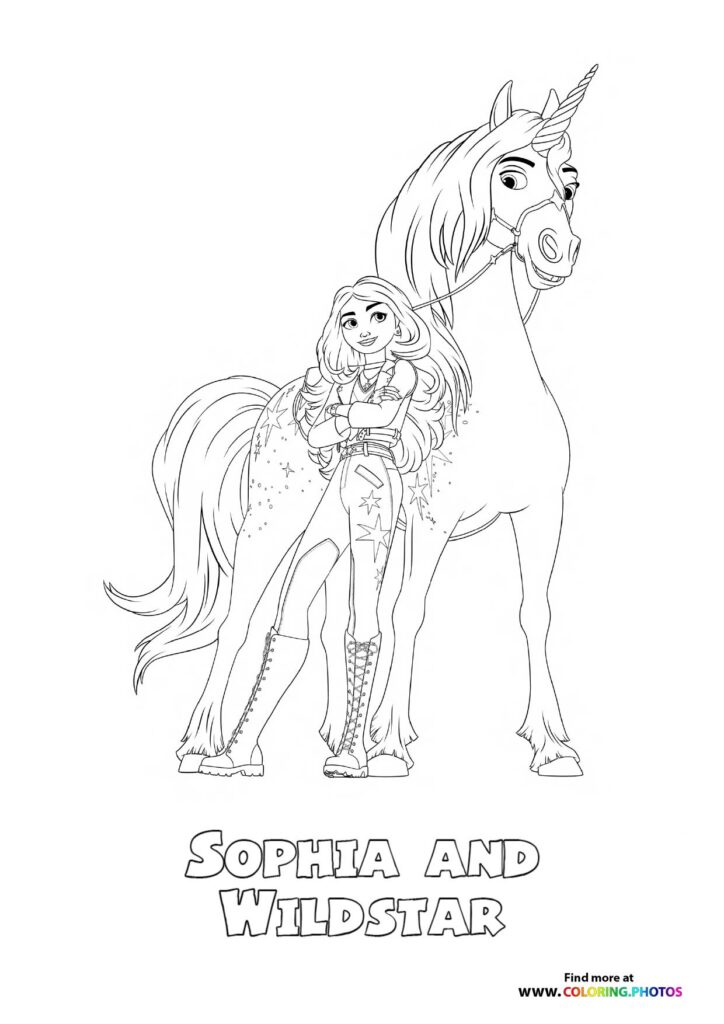 Sophia standing next to her unicorn Wildstar with sparkles and magical details coloring page from Unicorn Academy