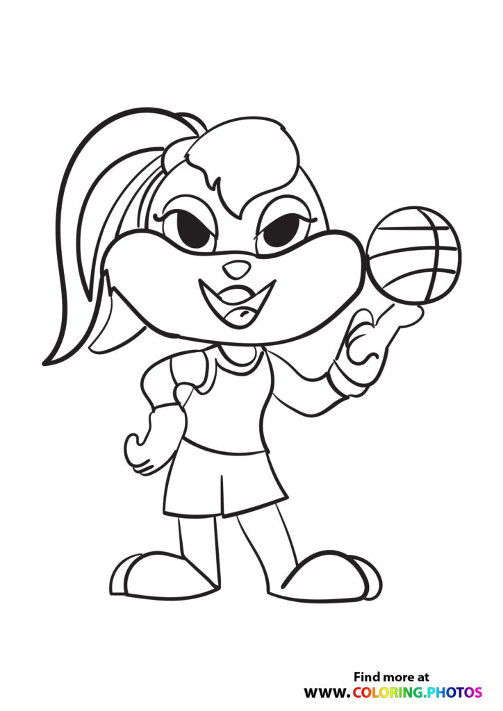 Lola Bunny holding a basketball in her athletic outfit coloring page from Space Jam: A New Legacy
