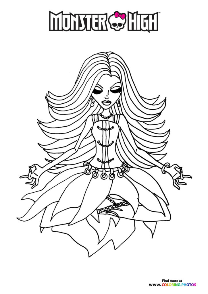 Monster High doll with long straight hair, gothic corset top, and flowing skirt coloring page