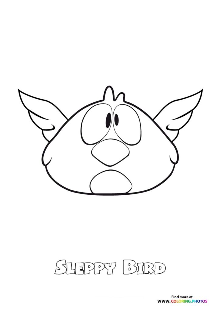 Sleppy Bird from Pocoyo with large sleepy eyes, round body, and spread wings coloring page