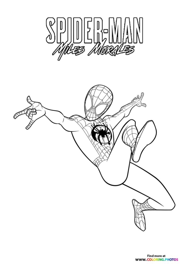 Miles Morales as Spider-Man flying through the air with outstretched arms in his web-patterned suit coloring page