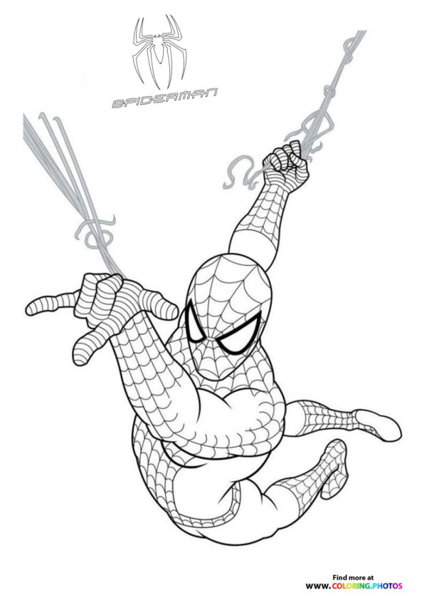 Spiderman swinging on a web coloring page