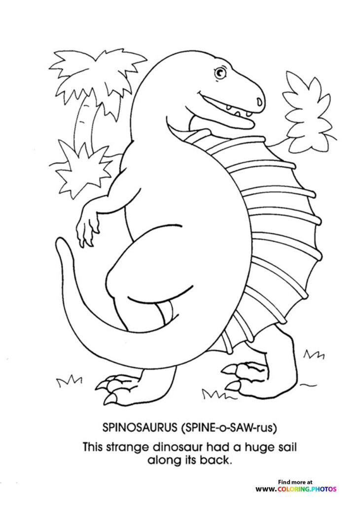 Spinosaurus with a tall spined sail on its back eating palm leaves coloring page