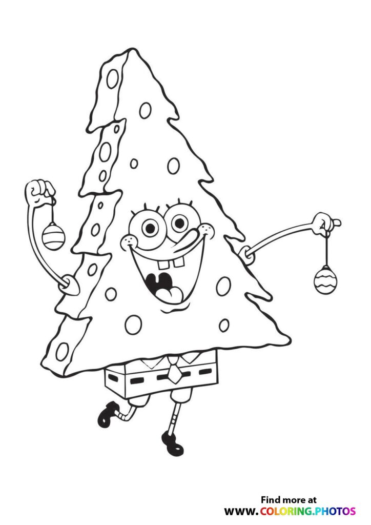 SpongeBob SquarePants dressed as a Christmas tree holding ornaments coloring page