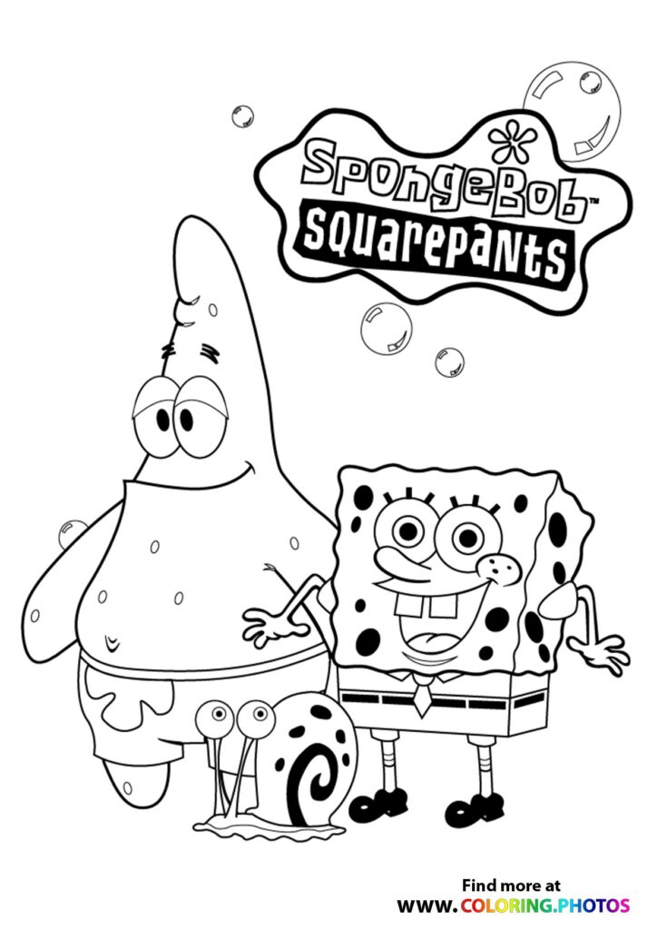 SpongeBob, Patrick Star, and Gary the snail with show logo and bubbles coloring page