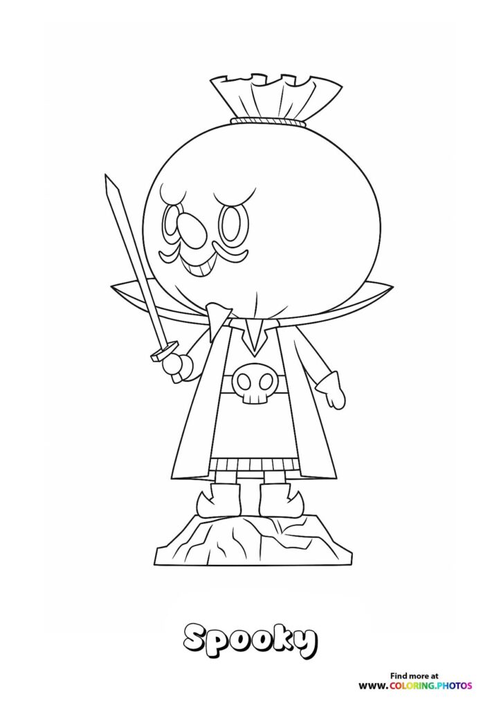 Spooky Labubu character wearing crown and holding sword with skull ornament coloring page