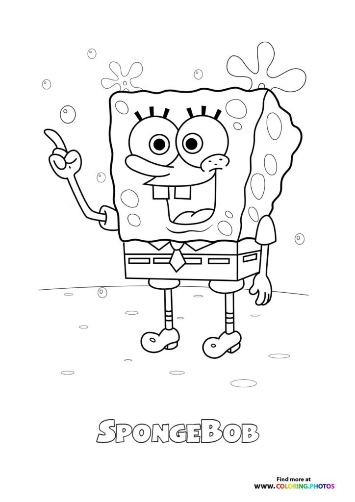 SpongeBob SquarePants smiling and waving underwater with bubbles and seaweed coloring page