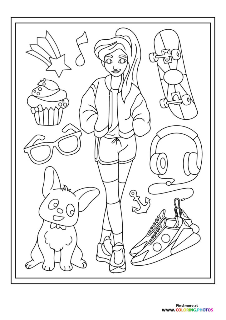 Cool girl in jacket with skateboard, headphones, sneakers, and cute puppy coloring page