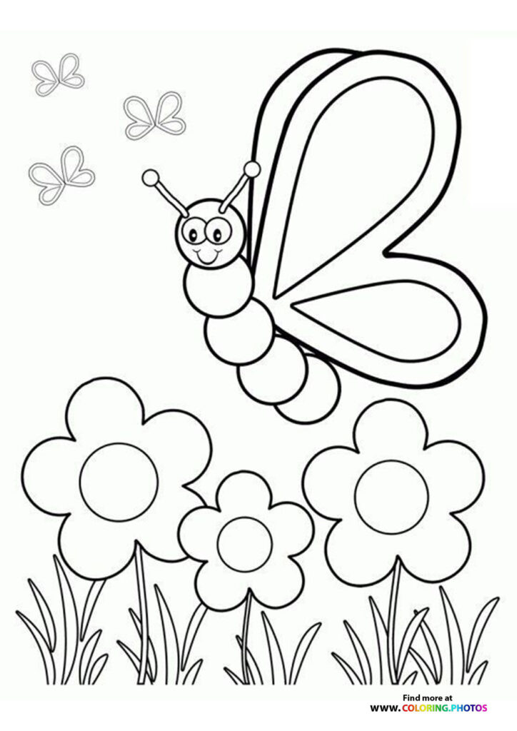 Happy butterfly with large wings hovering over spring flowers and grass coloring page