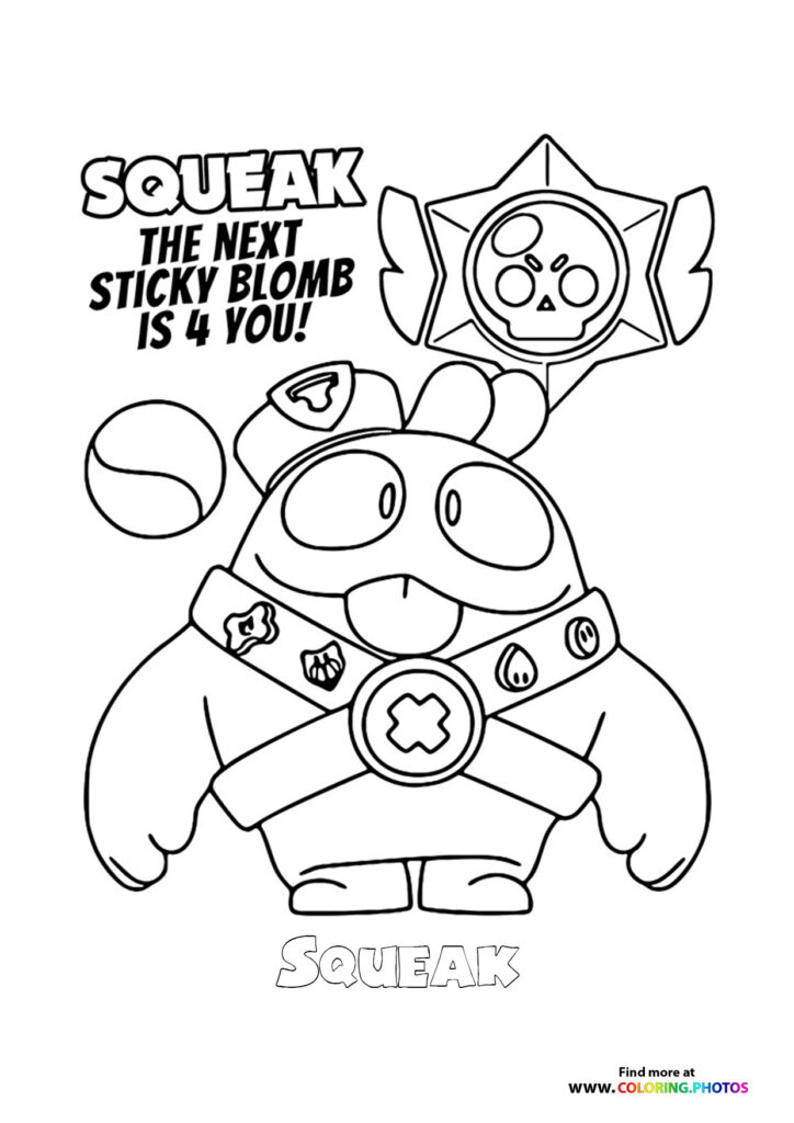 Squeak from Brawl Stars with sticky blomb weapon above coloring page