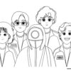 Squid game players with guard coloring page