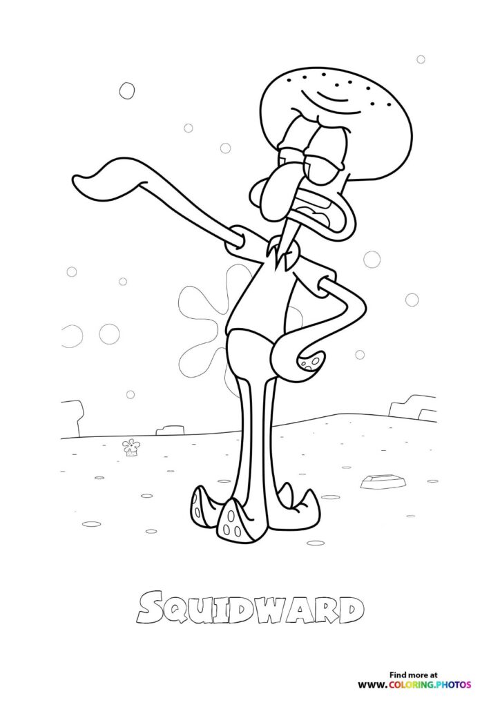 Squidward dancing with extended tentacles and bubbles around him coloring page from Saving Bikini Bottom The Sandy Cheeks Movie