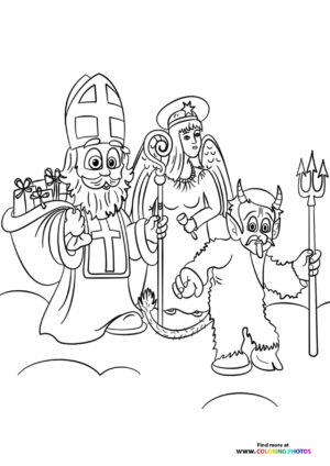 Saint Nicholas with helpers coloring page