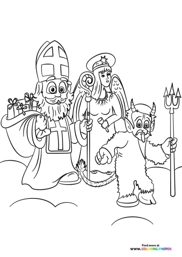 Saint Nicholas with helpers coloring page