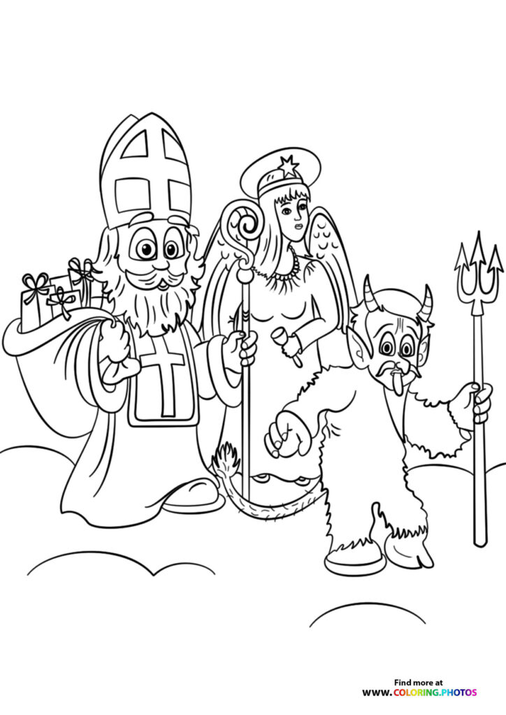 Saint Nicholas with angel and devil companion characters holding staffs, Saint Nicholas Day coloring page