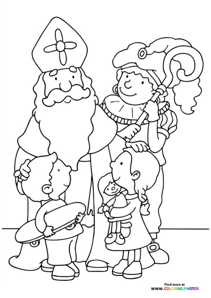 Saint Nicholas in bishop's robes with children and gifts coloring page for Saint Nicholas Day
