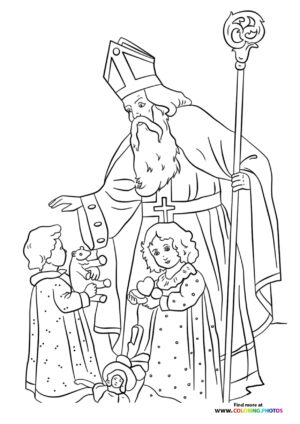 Saint Nicholas with kids coloring page