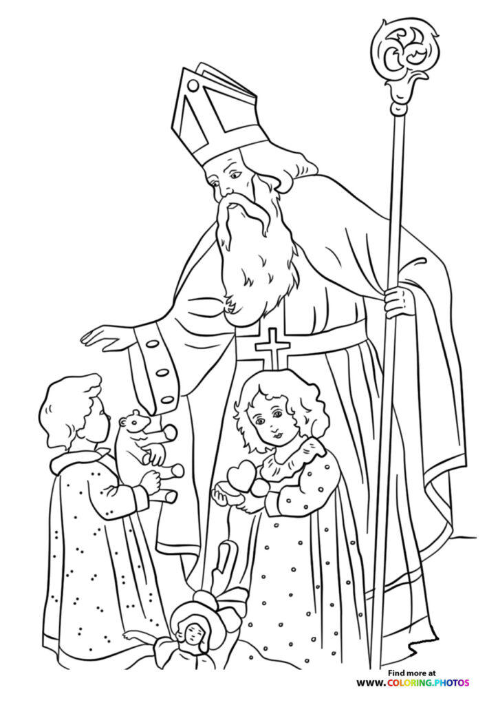 Saint Nicholas in bishop's robes and mitre hat holding a staff, surrounded by three happy children receiving gifts, Saint Nicholas Day coloring page