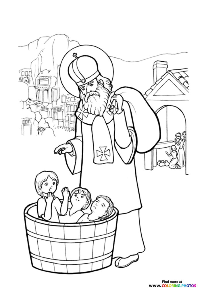 Saint Nicholas with bishop's hat and halo standing over three children in a wooden barrel, medieval village in background, coloring page