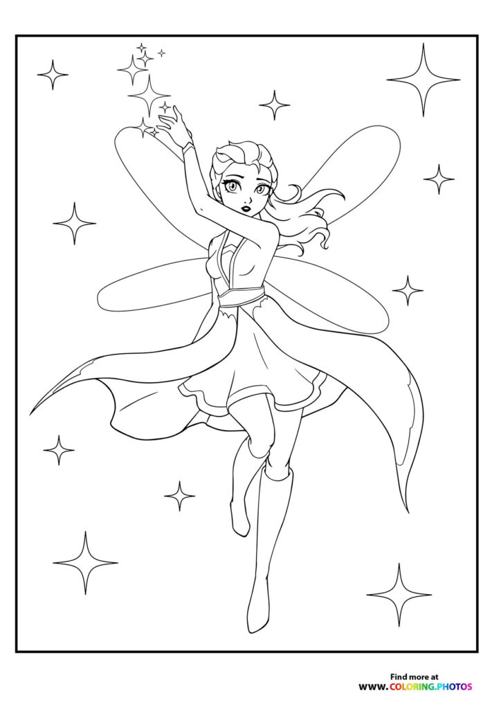 A dancing fairy with large wings, flowing dress, and raised arms surrounded by twinkling stars coloring page