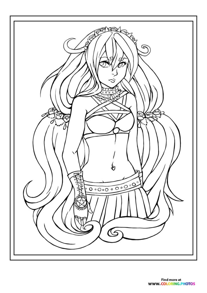 Anime fashion girl wearing crown, geometric crop top, and pleated skirt with ornate accessories coloring page