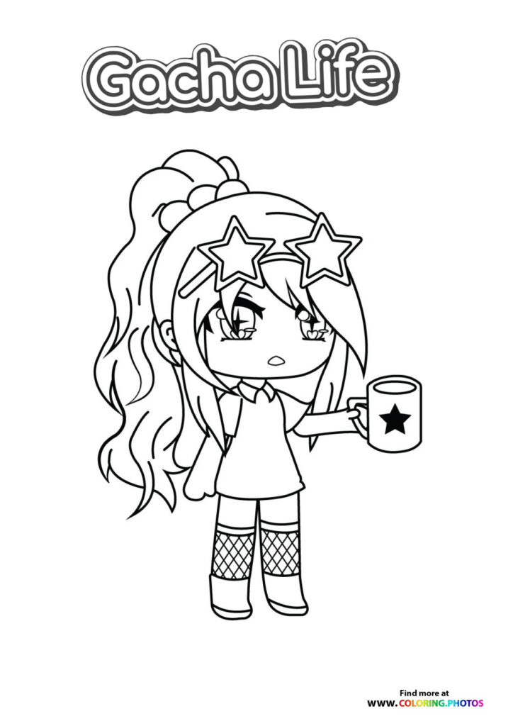 Gacha Life character girl with star glasses and ponytail holding a star mug coloring page