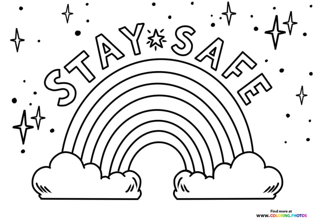 Rainbow with clouds and 'Stay Safe' text surrounded by stars and dots coloring page