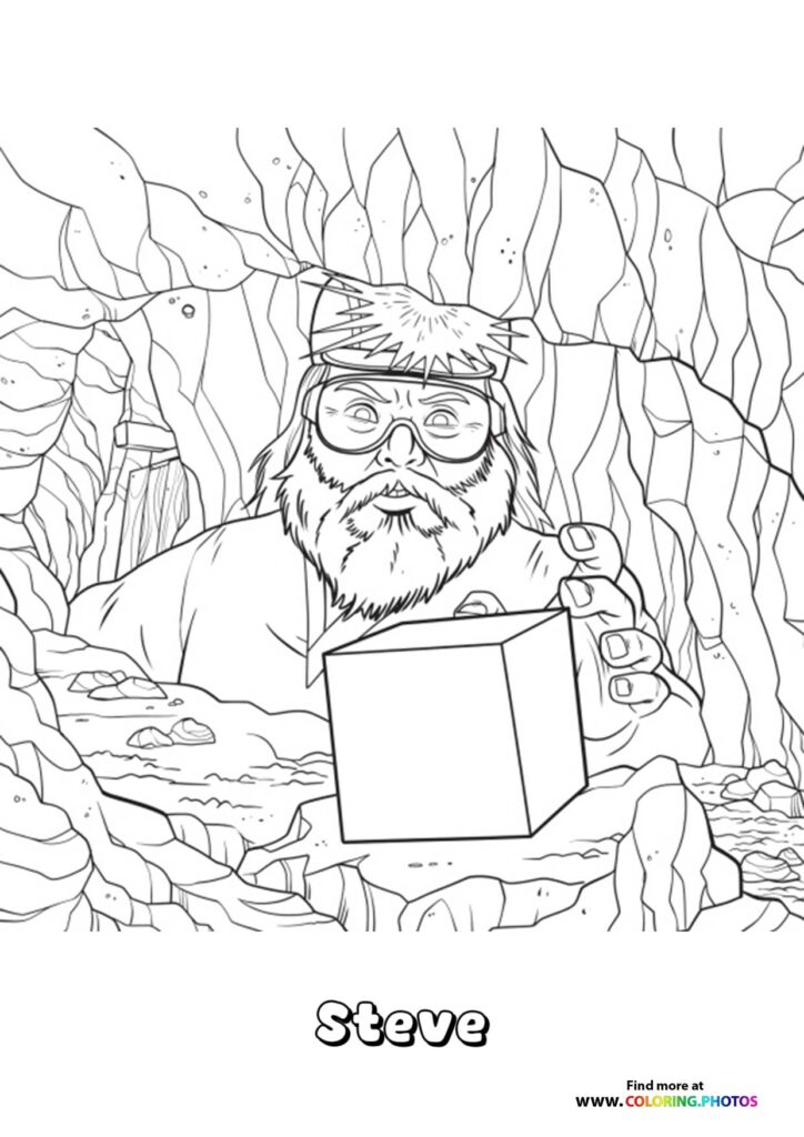Steve wearing glasses and holding a pickaxe in a Minecraft cave surrounded by blocky stone walls coloring page