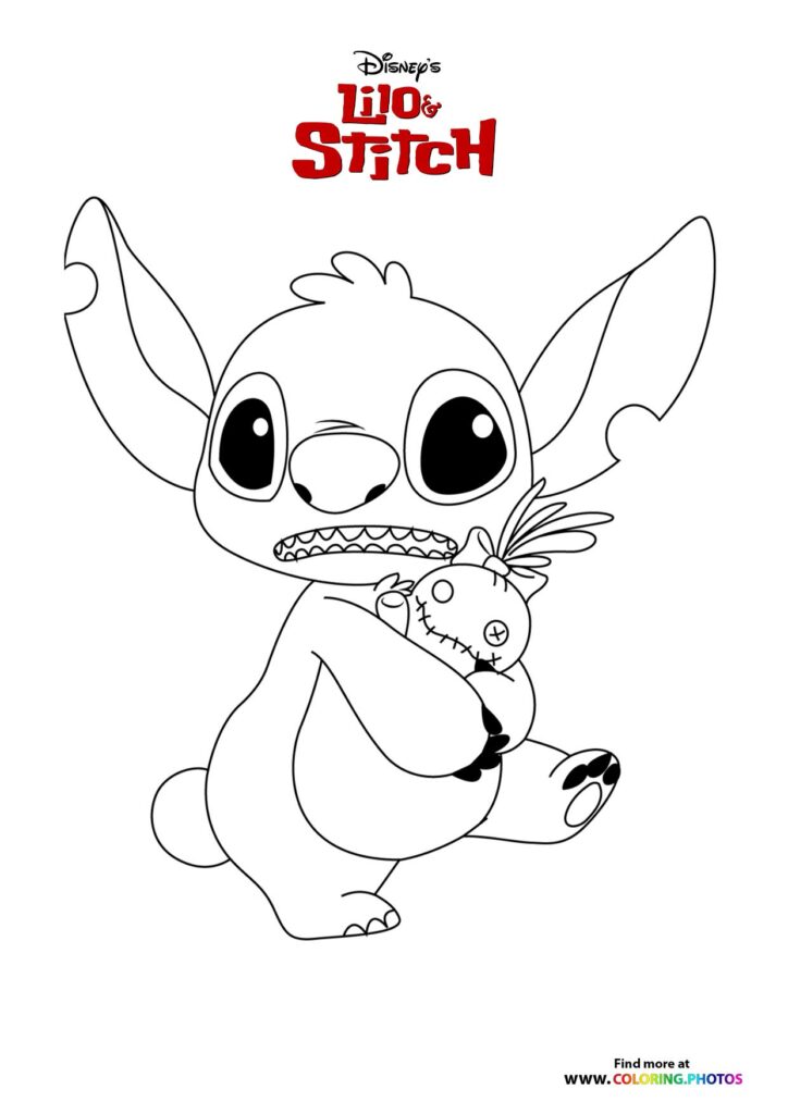 Stitch holding Scrump his handmade doll coloring page from Lilo and Stitch