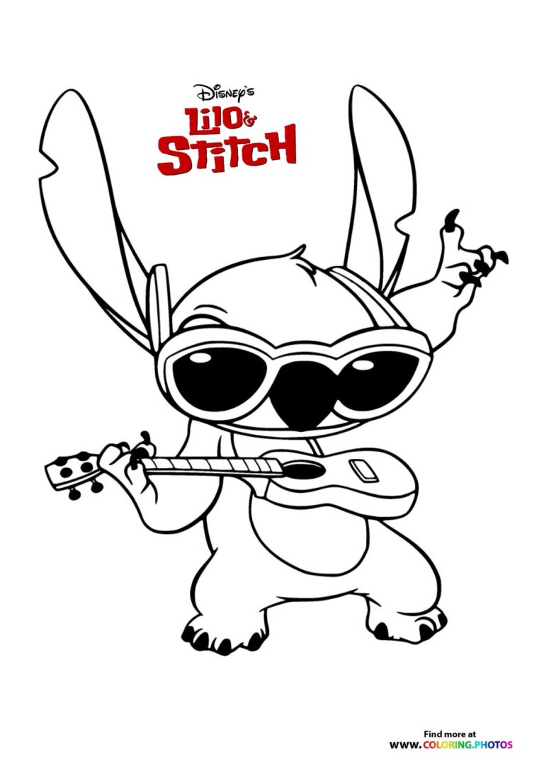 Stitch playing a guitar - Coloring Pages for kids