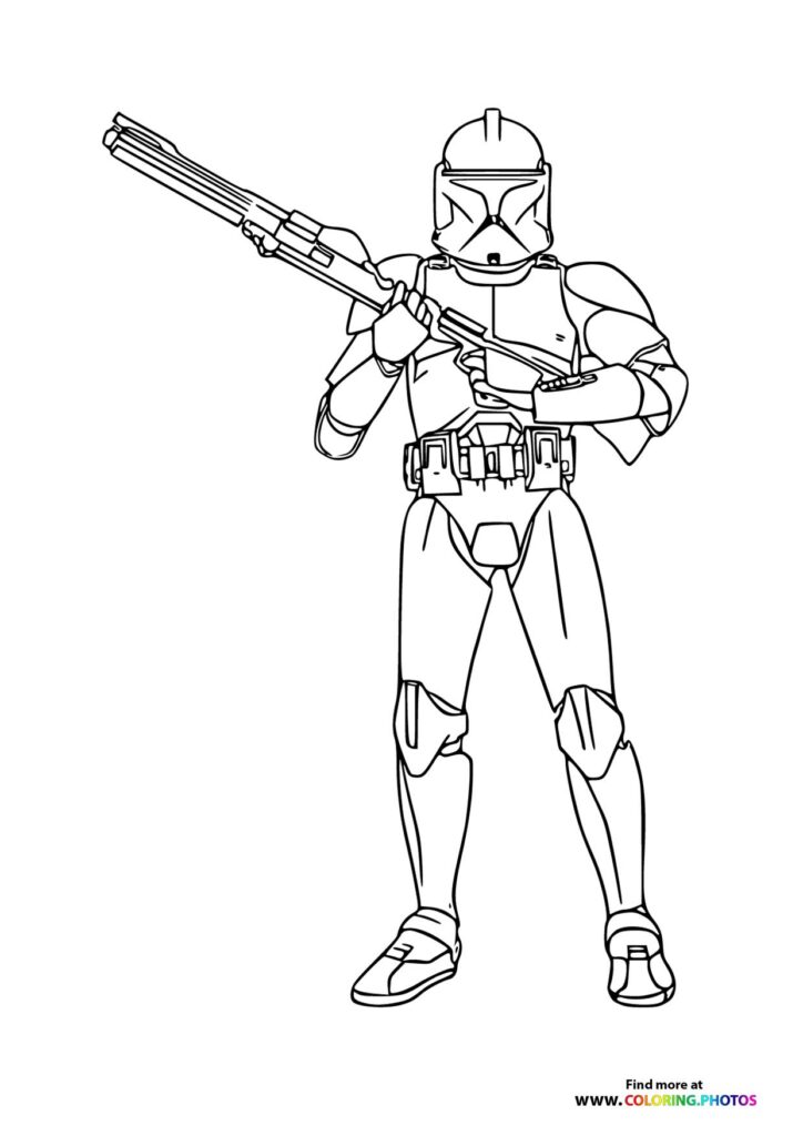 Clone Trooper holding a blaster rifle in combat stance coloring page from Star Wars
