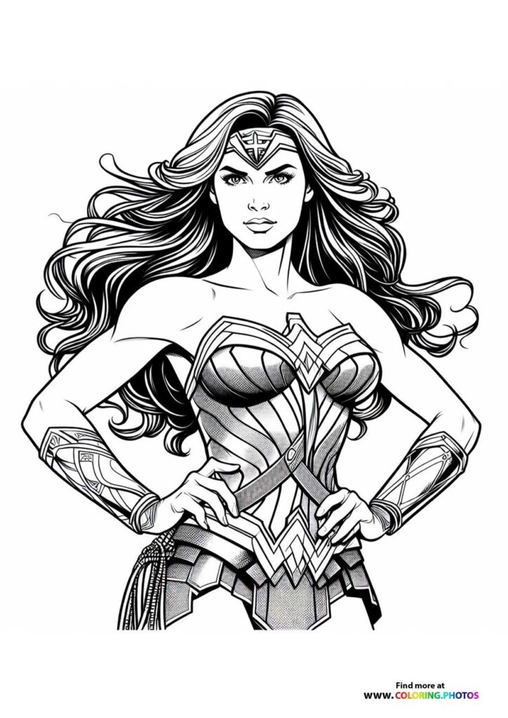 Wonder Woman in full armor with long flowing hair and tiara, coloring page from DC Comics