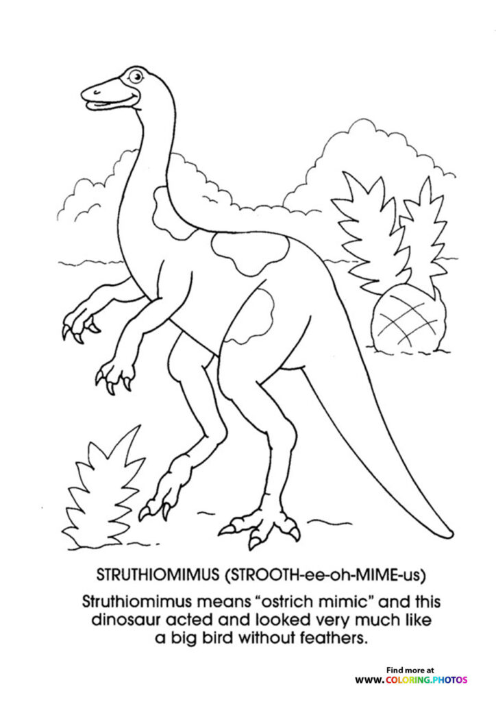 Struthiomimus dinosaur with long neck and powerful hind legs standing among prehistoric plants coloring page