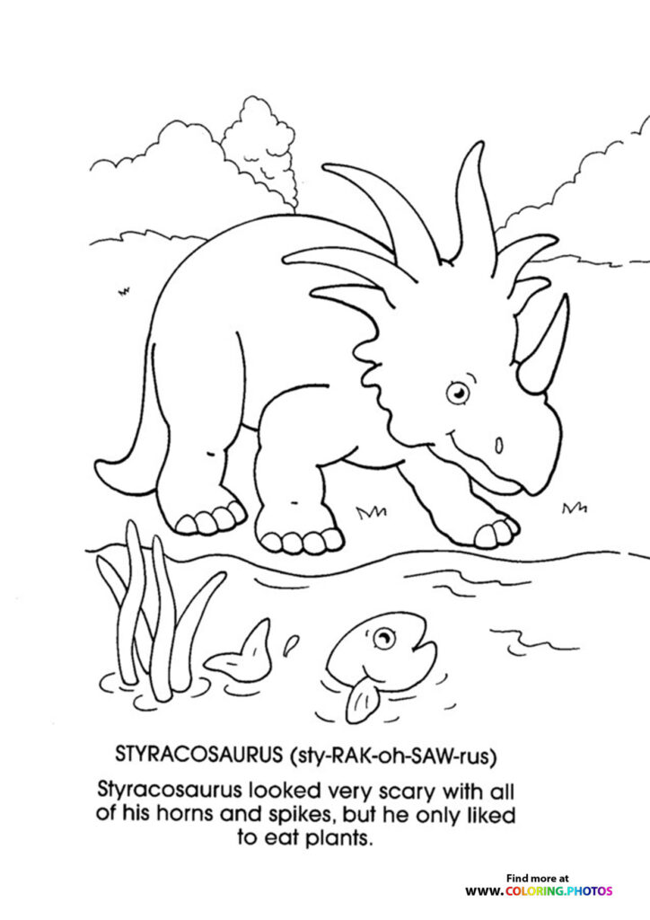 Styracosaurus with neck frill and horns eating plants with fish in water coloring page
