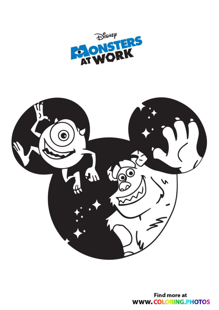Mike and Sulley from Monsters at Work inside a Mickey Mouse silhouette coloring page