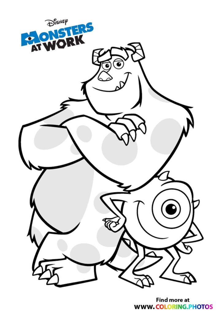 Sulley and Mike from Monsters at Work coloring page, with Sulley standing behind smiling Mike