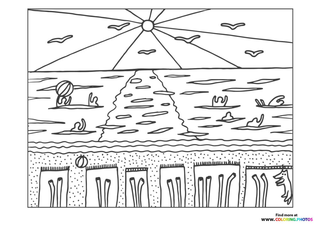 Summer beach scene with sun, swimmers, beach umbrellas, and seagulls coloring page