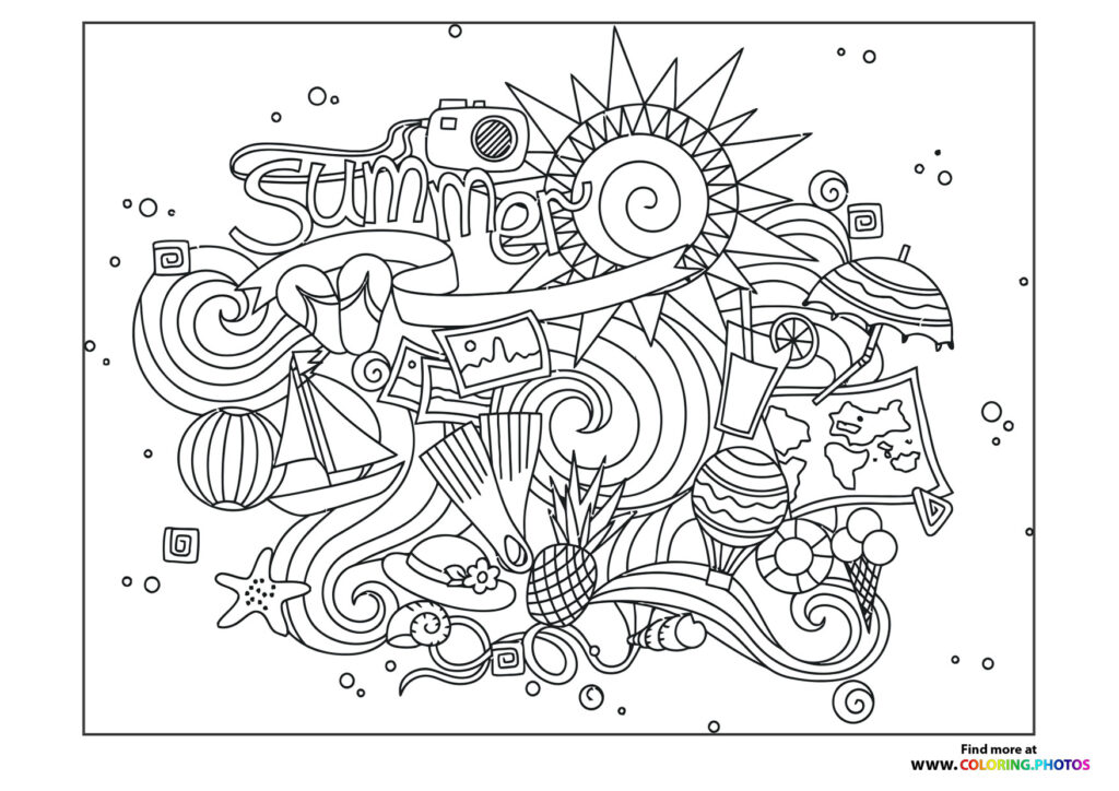 Summer-themed doodle collage with sun, camera, ice cream, watermelon, starfish, and decorative swirls coloring page