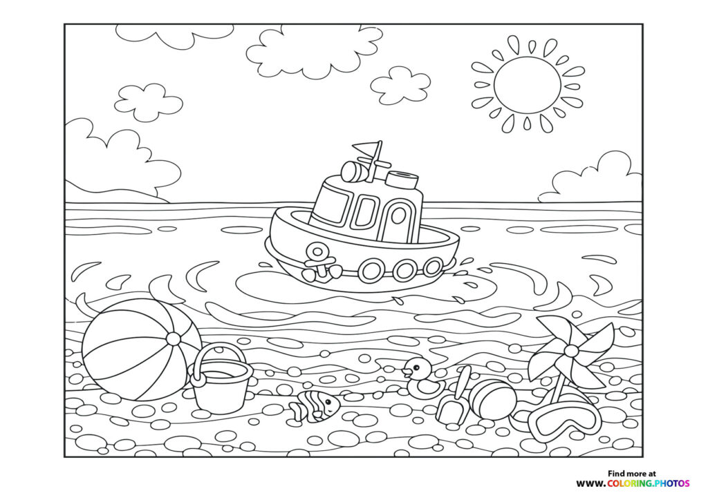 Toy boat sailing on waves with beach toys on sand, summer scene coloring page