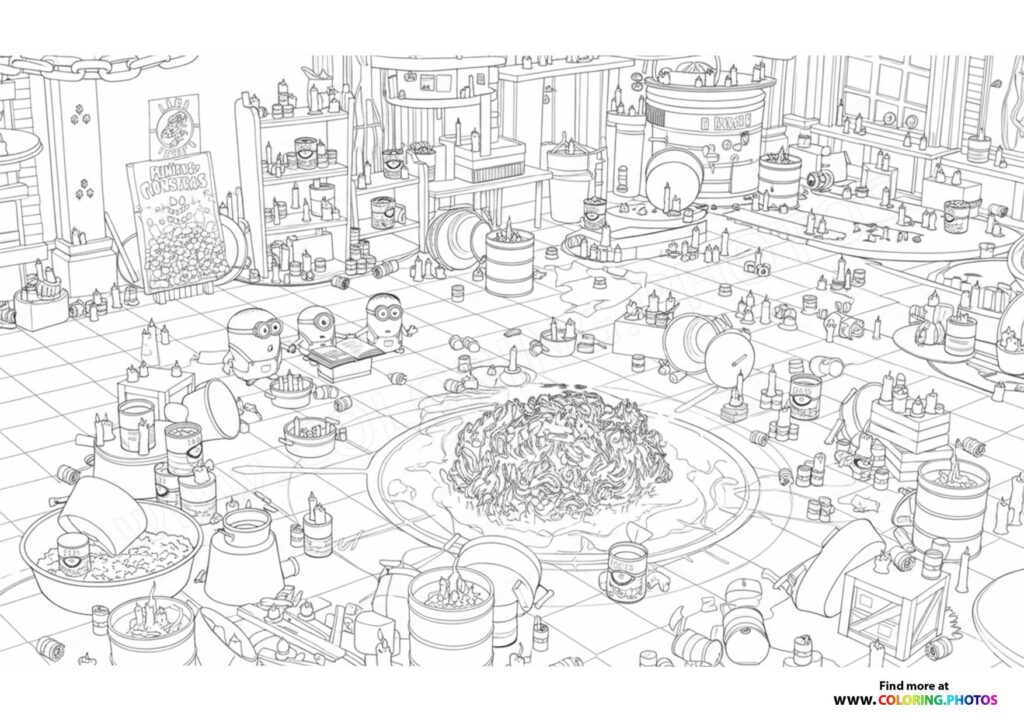Minions working in a busy kitchen laboratory with large cooking vessels and scattered equipment coloring page from Despicable Me