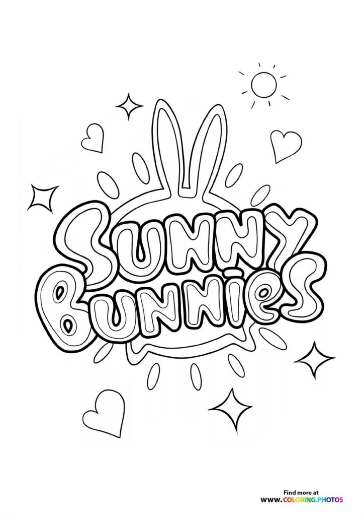 Sunny Bunnies logo with bunny ears, stars, hearts, and sun coloring page