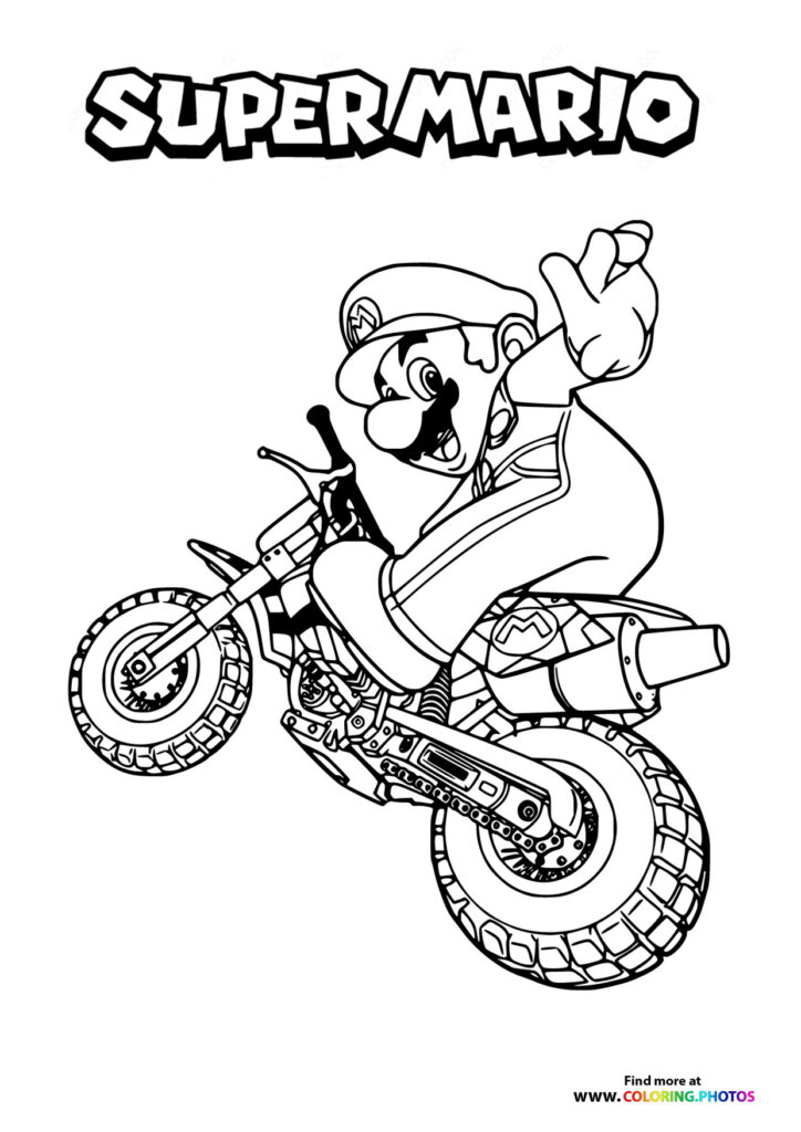 Mario performing a dirt bike stunt with one fist raised in the air coloring page