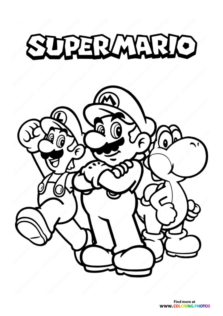 Mario, Luigi, and Yoshi together smiling coloring page from Super Mario video game series