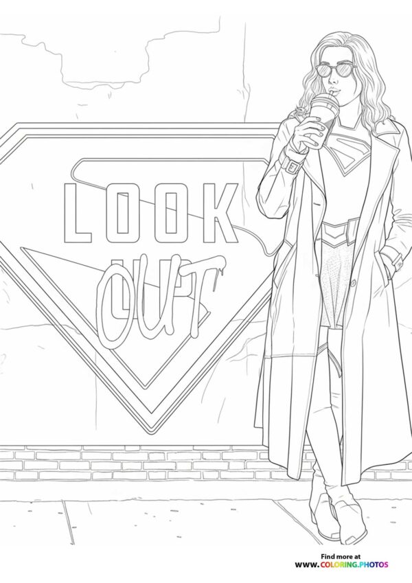 Supergirl holding a microphone wearing sunglasses and a long coat with Look Out sign coloring page
