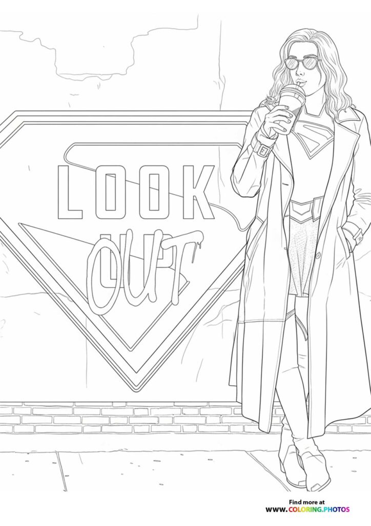 Supergirl holding a microphone wearing sunglasses and a long coat with Look Out sign coloring page