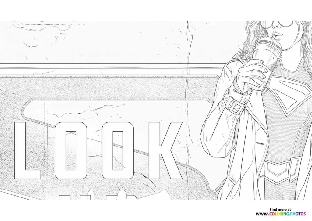 Supergirl in her superhero costume with LOOK text coloring page from the 2026 movie