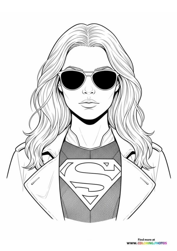 Supergirl wearing sunglasses and white blazer with Superman logo coloring page from SuperGirl 2026