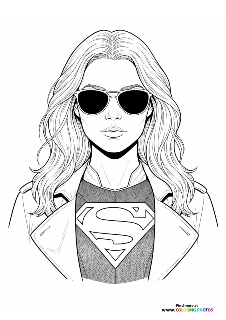 Supergirl wearing sunglasses and white blazer with Superman logo coloring page from SuperGirl 2026