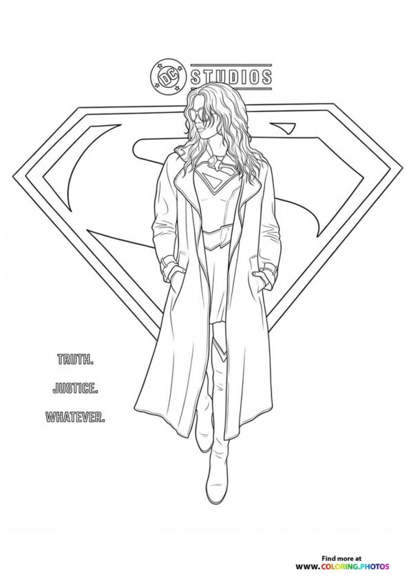 Supergirl in casual coat standing in front of DC Studios diamond shield logo coloring page